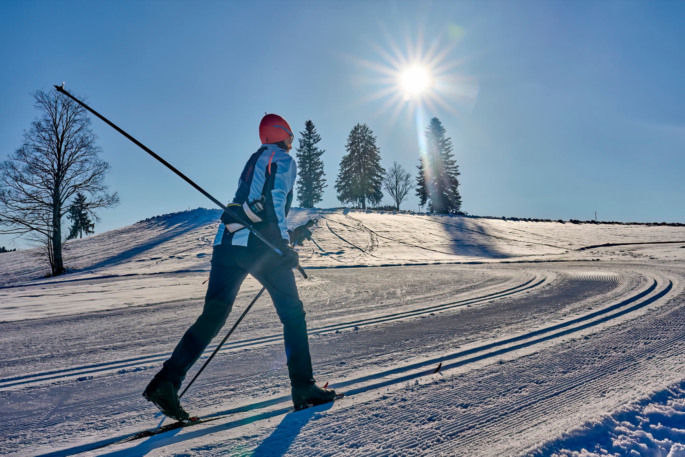Cross-country skier on a sunlit trail — returning to activity after recovery